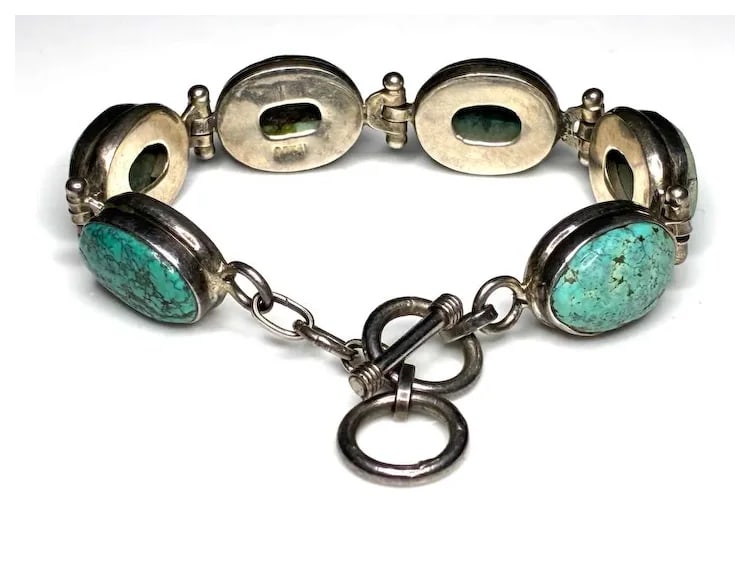 Vintage Sterling Silver and Turquoise Toggle Bracelet - 7