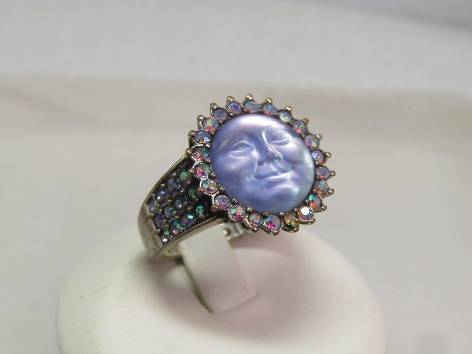 AB Rhinestone Blue Moonface Ring, Sz. 7.5, 1990's, Signed - 2