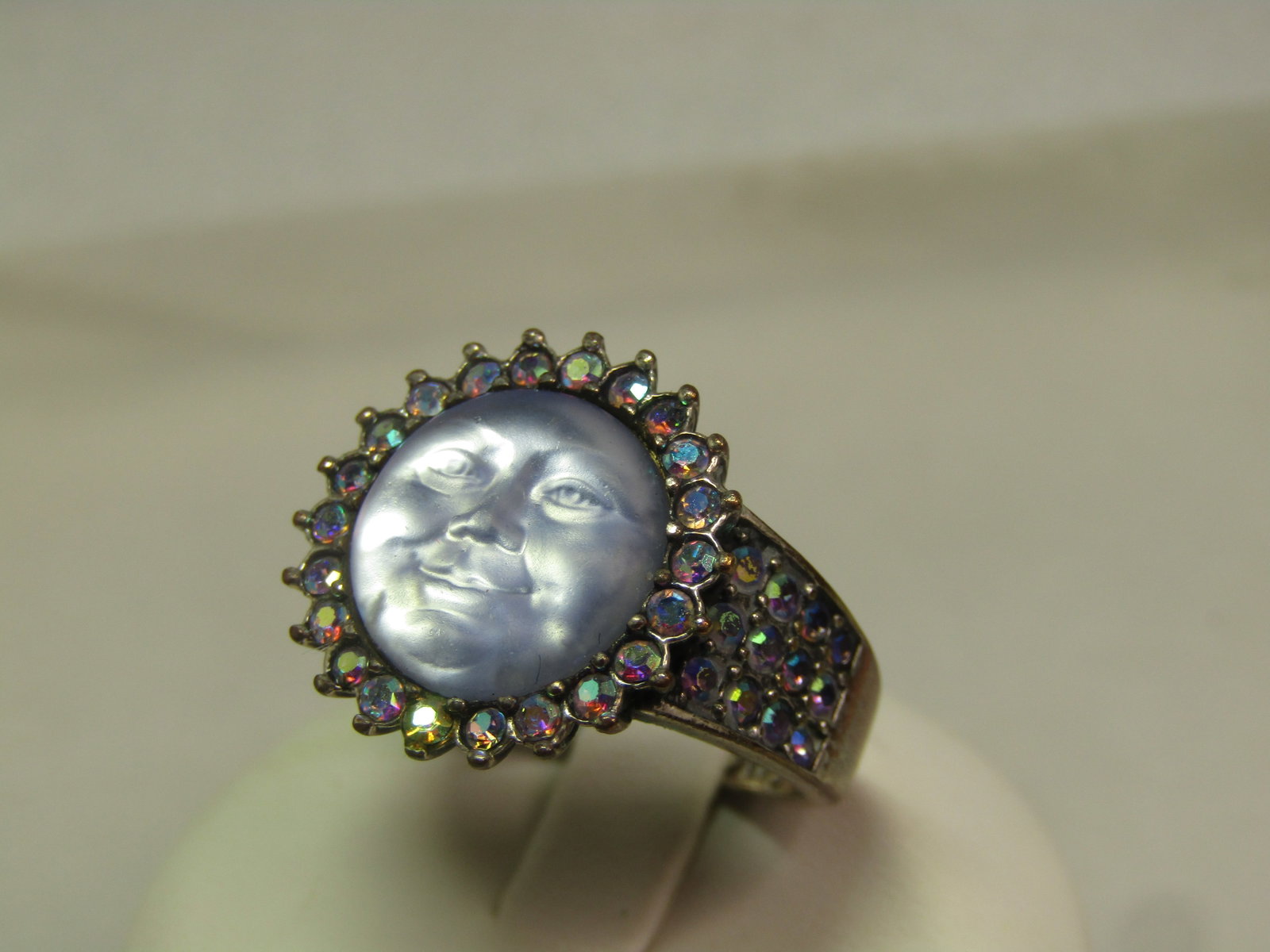 AB Rhinestone Blue Moonface Ring, Sz. 7.5, 1990's, Signed - 3