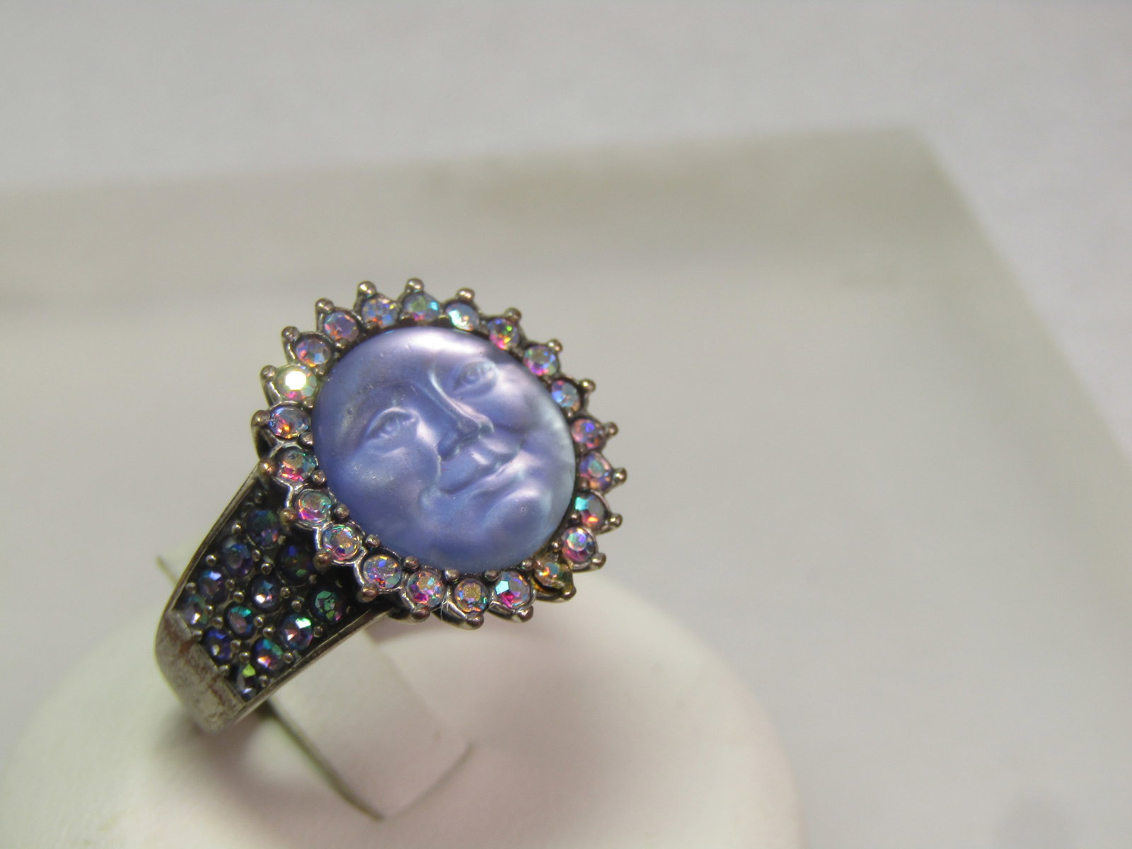 AB Rhinestone Blue Moonface Ring, Sz. 7.5, 1990's, Signed - 4