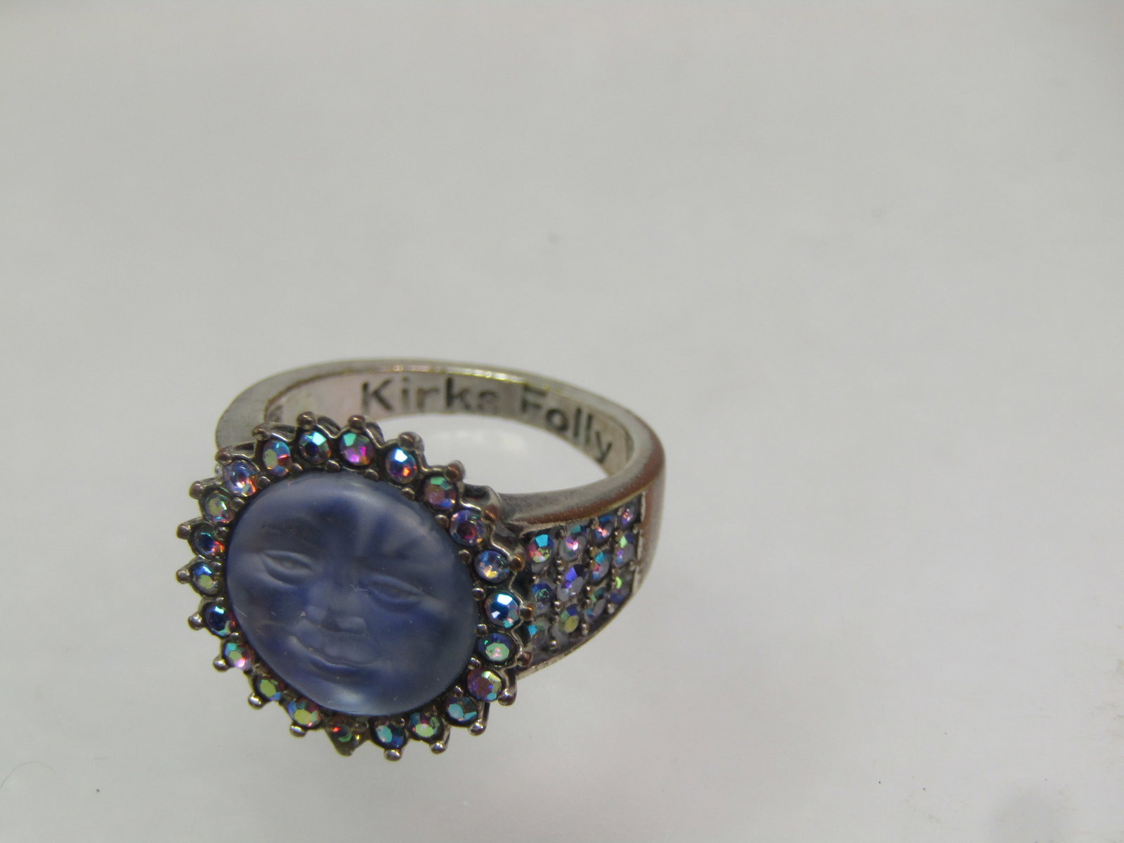 AB Rhinestone Blue Moonface Ring, Sz. 7.5, 1990's, Signed - 5
