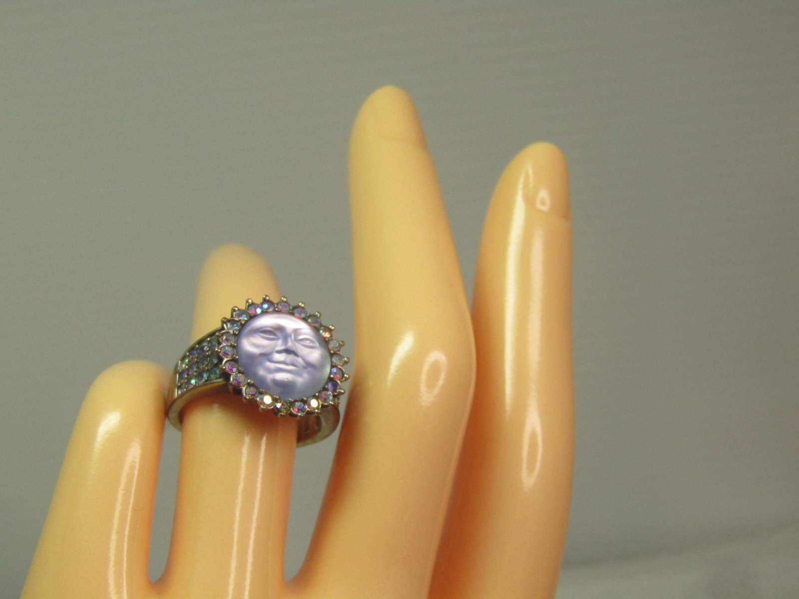 AB Rhinestone Blue Moonface Ring, Sz. 7.5, 1990's, Signed - 7