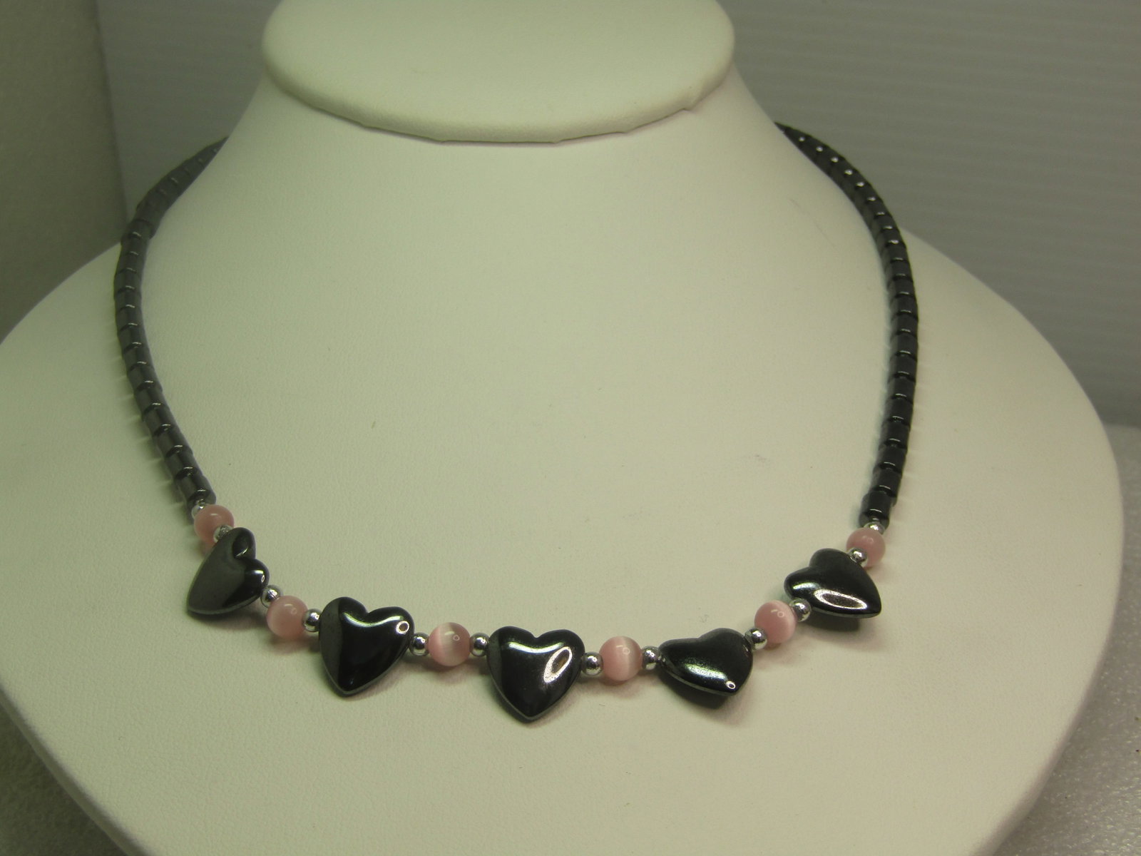 Hematite Heart and Pink Cateye Necklace, 18", 1980's-1990's (1 of 6)