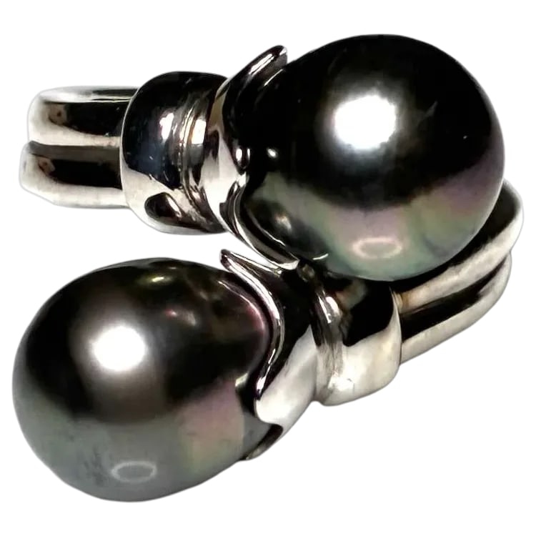 Estate Cultured Tahitian Pearl Sterling Silver Bypass Ring (1 of 7)