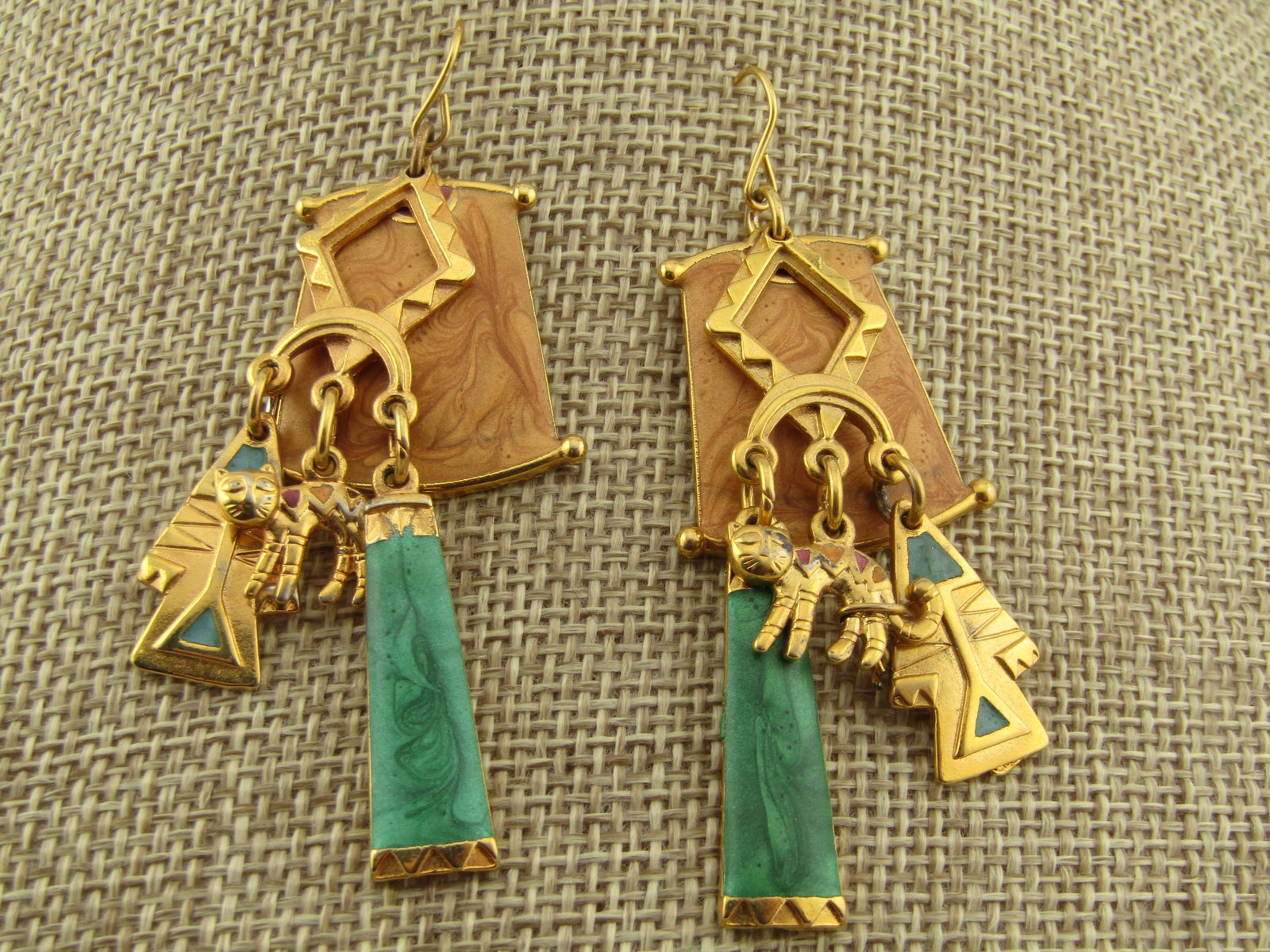 Vintage Enameled Egyptian Themed Drop Earrings, with Cat, Edgar Berebi, 1980's - 2