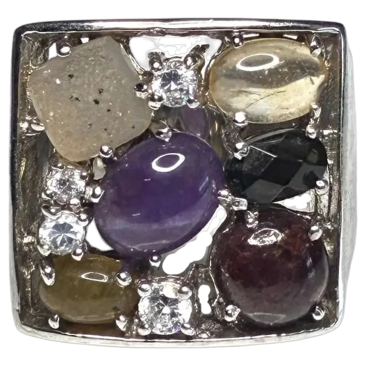 Estate Sterling Silver Mixed Cluster Colorful Gemstone Statement Ring: Title: Estate Sterling Silver Mixed Cluster Colorful Gemstone Statement Ring Description: Estate Sterling Silver Mixed Cluster Colorful Gemstone Statement Ring Hallmarked: 925 CO Weighs: 12 grams US