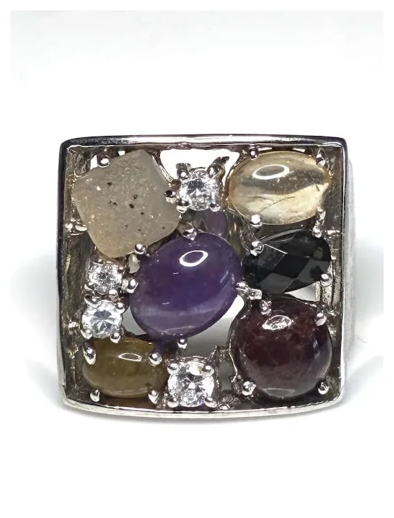 Estate Sterling Silver Mixed Cluster Colorful Gemstone Statement Ring - 2