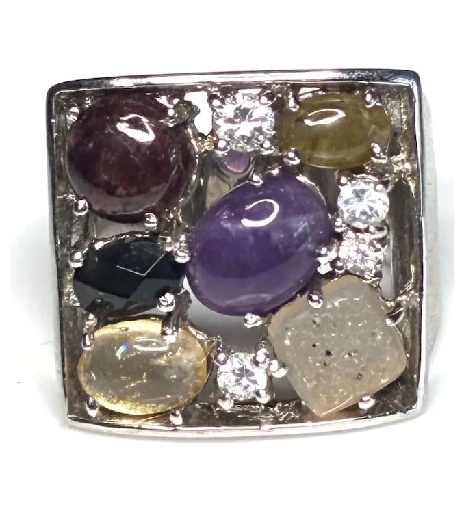 Estate Sterling Silver Mixed Cluster Colorful Gemstone Statement Ring - 3