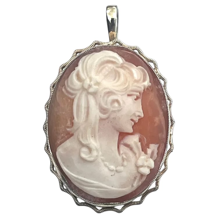 Vintage Gold Tone Ornate Shell Cameo Brooch/ Retractable Pendant (1 of 5)