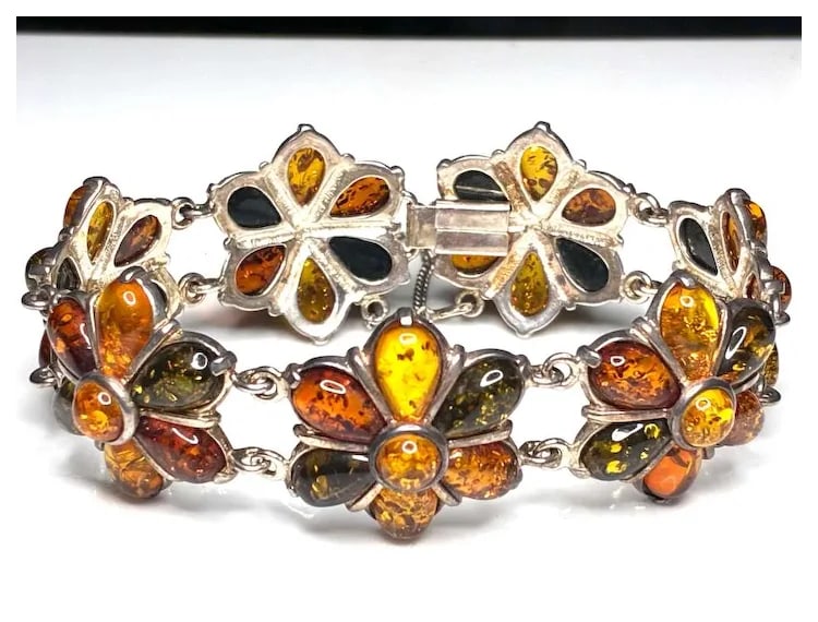Vintage Sterling Silver Muticolored Baltic Amber Flower Bracelet - 2