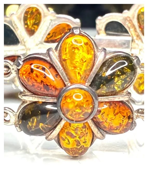 Vintage Sterling Silver Muticolored Baltic Amber Flower Bracelet - 3