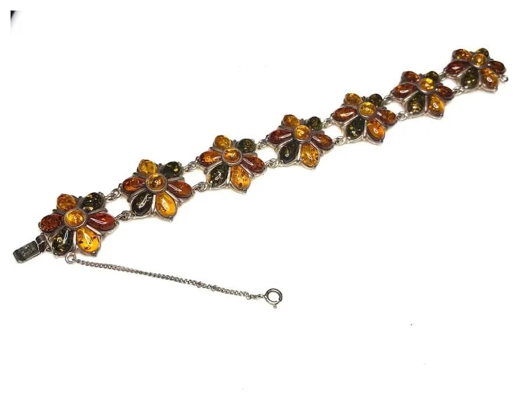 Vintage Sterling Silver Muticolored Baltic Amber Flower Bracelet - 4
