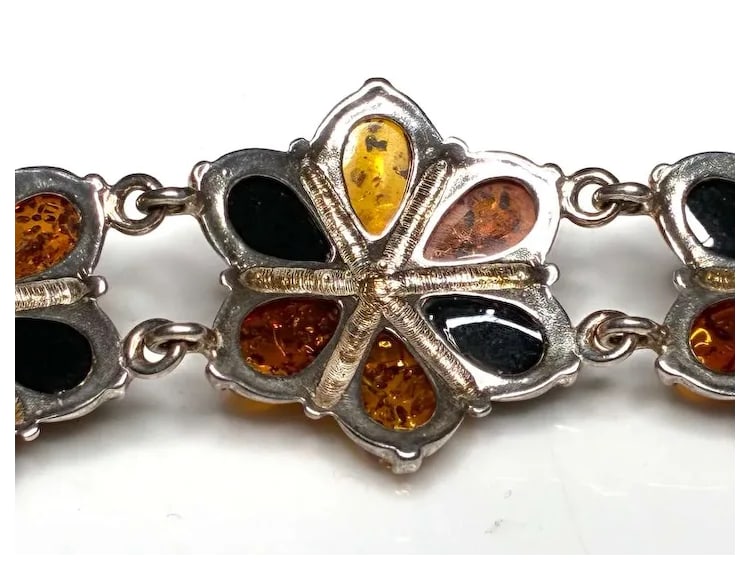 Vintage Sterling Silver Muticolored Baltic Amber Flower Bracelet - 6