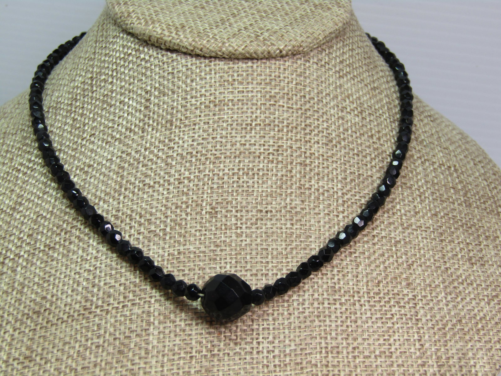 Vintage Black Glass Beaded Necklace, Faceted, 16", 1950's-1960's (1 of 5)