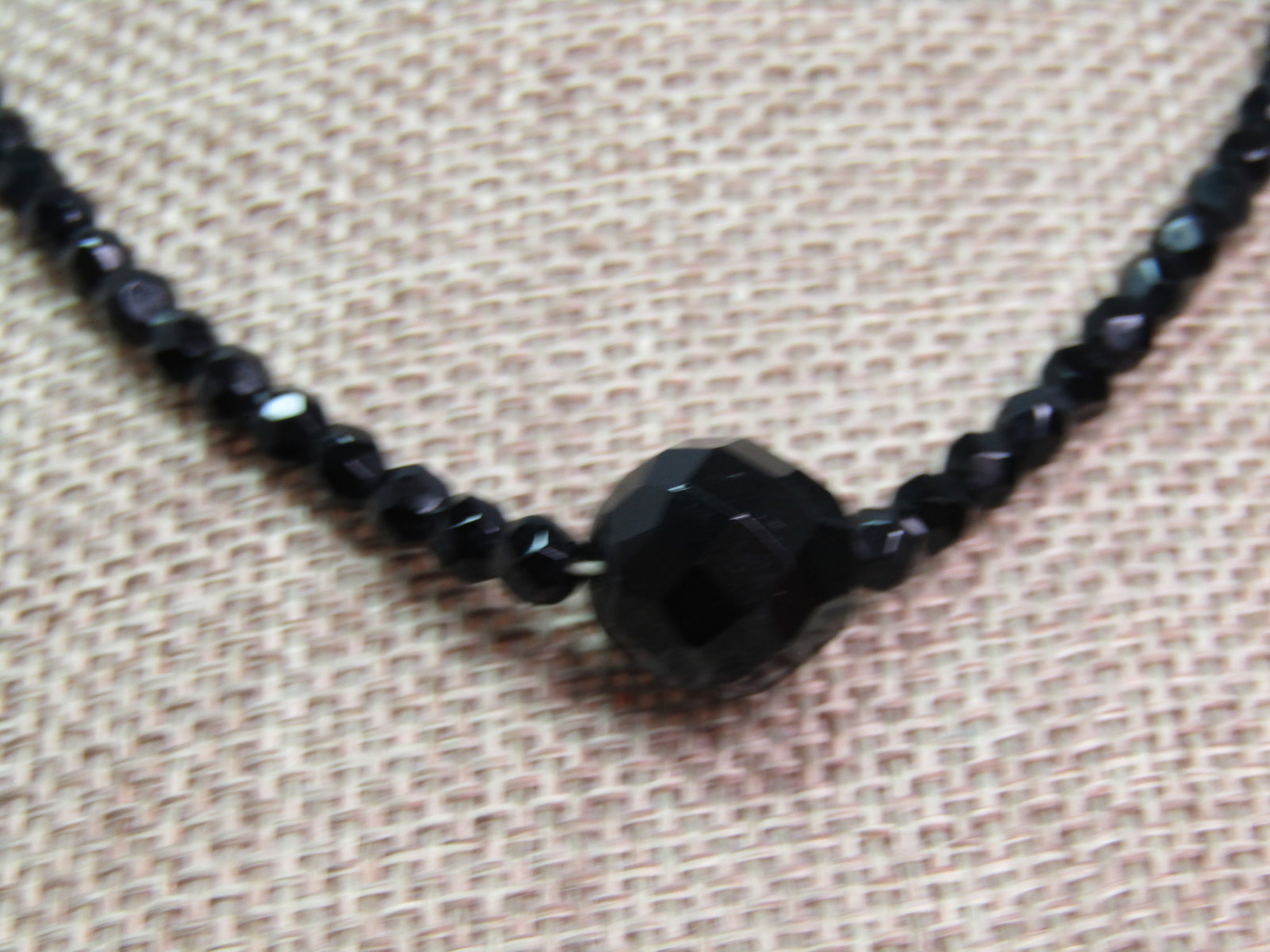 Vintage Black Glass Beaded Necklace, Faceted, 16", 1950's-1960's - 2