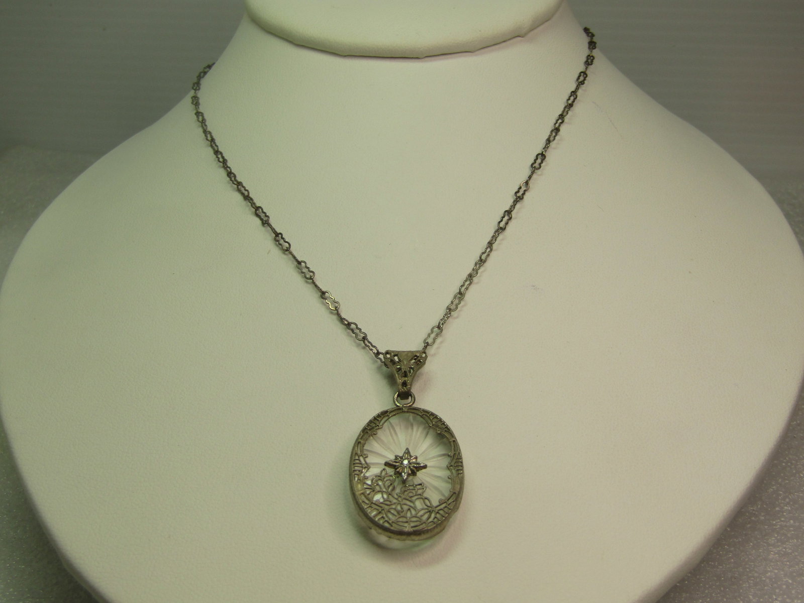 Vintage Sterling/Plated Camphor Diamond Chip Pendant Necklace, 18", 1930's-1940's: Vintage Sterling Camphor Diamond Chip Pendant Necklace, 18", 1930's-1940's. The chain is a paperclip type change with some curves and spring clasp where it is marked sterling and the chain tests as