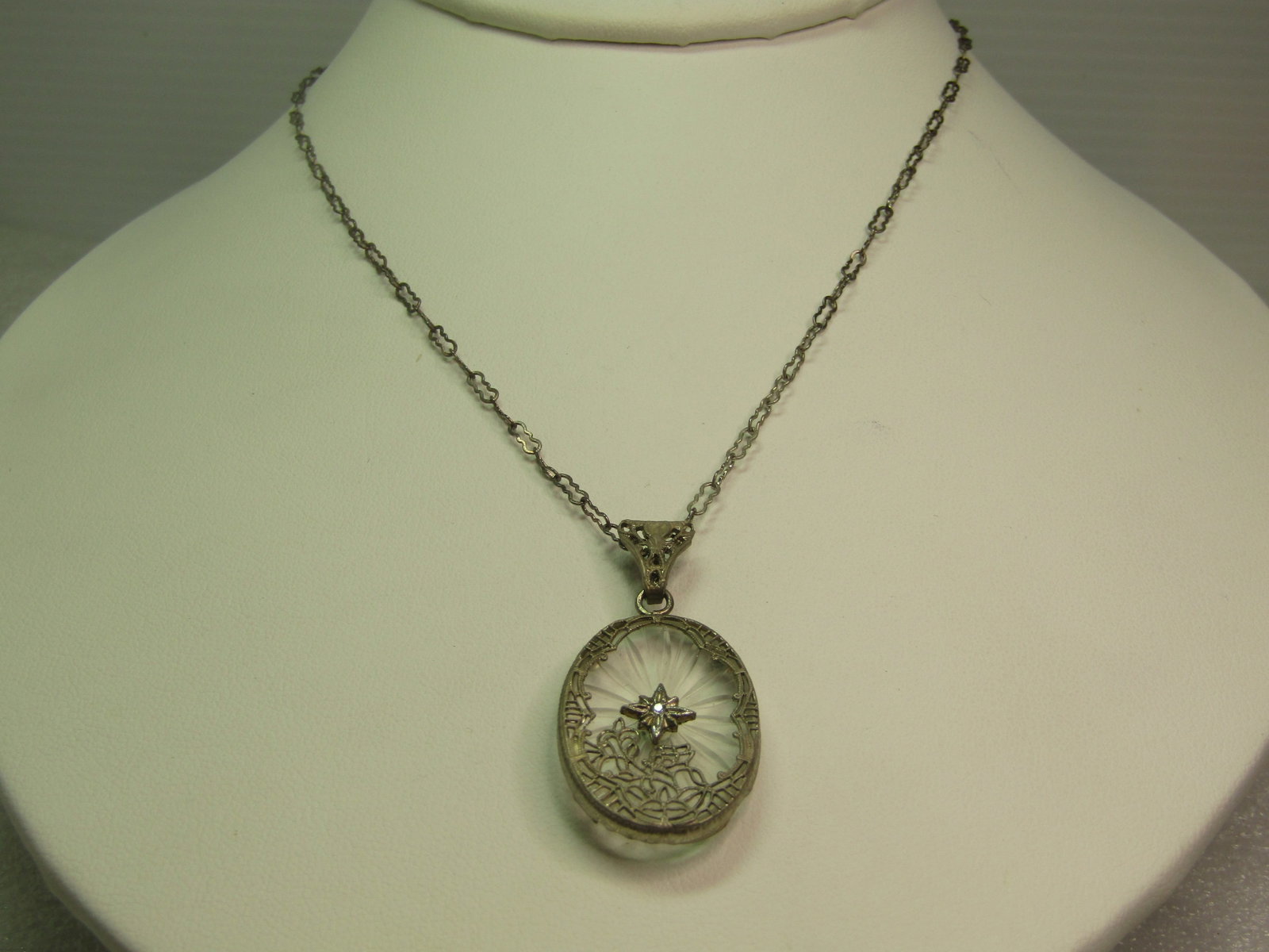 Vintage Sterling/Plated Camphor Diamond Chip Pendant Necklace, 18", 1930's-1940's - 2