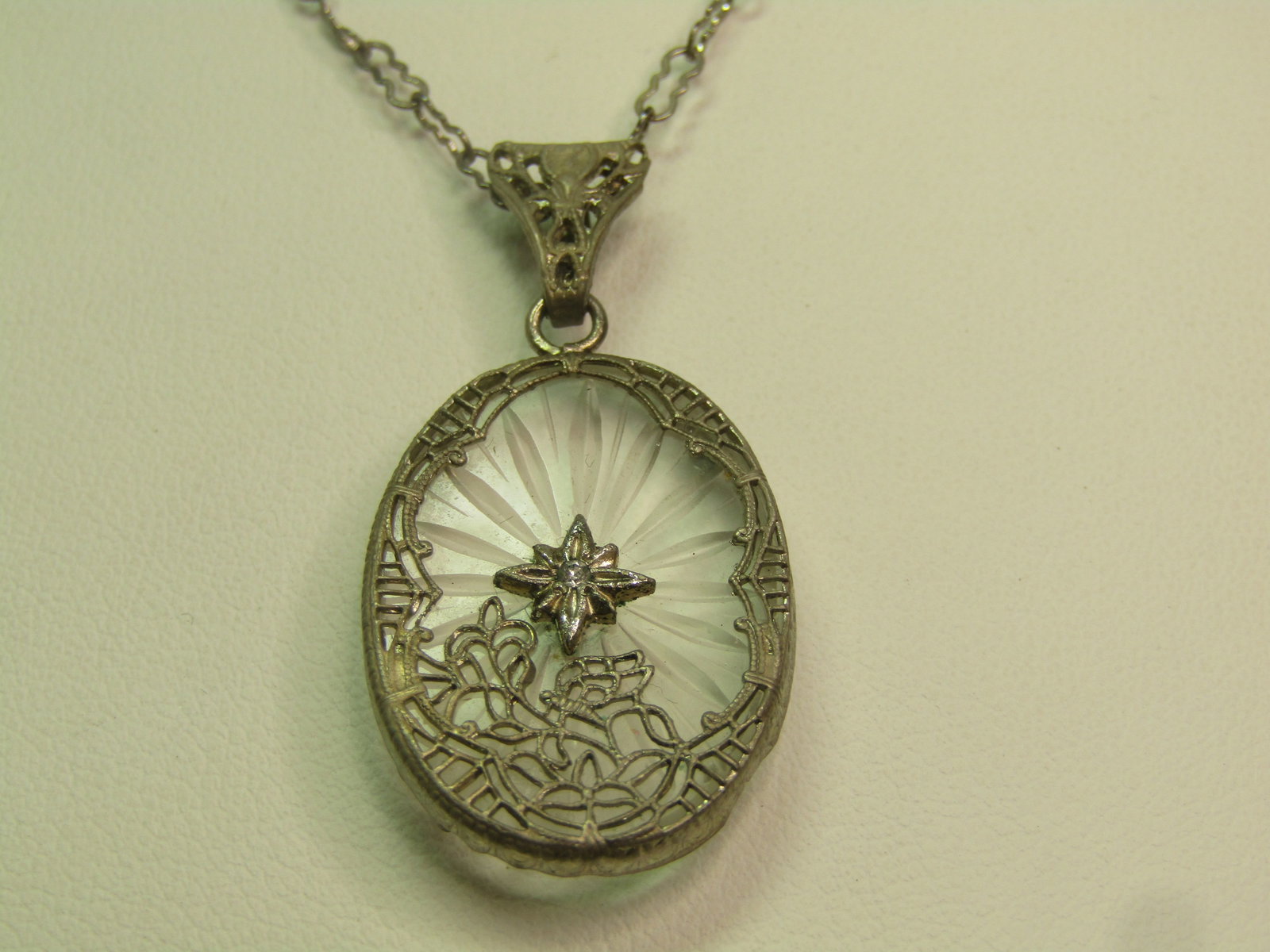 Vintage Sterling/Plated Camphor Diamond Chip Pendant Necklace, 18", 1930's-1940's - 3