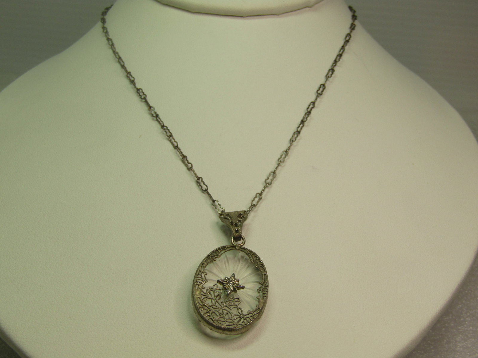 Vintage Sterling/Plated Camphor Diamond Chip Pendant Necklace, 18", 1930's-1940's - 5