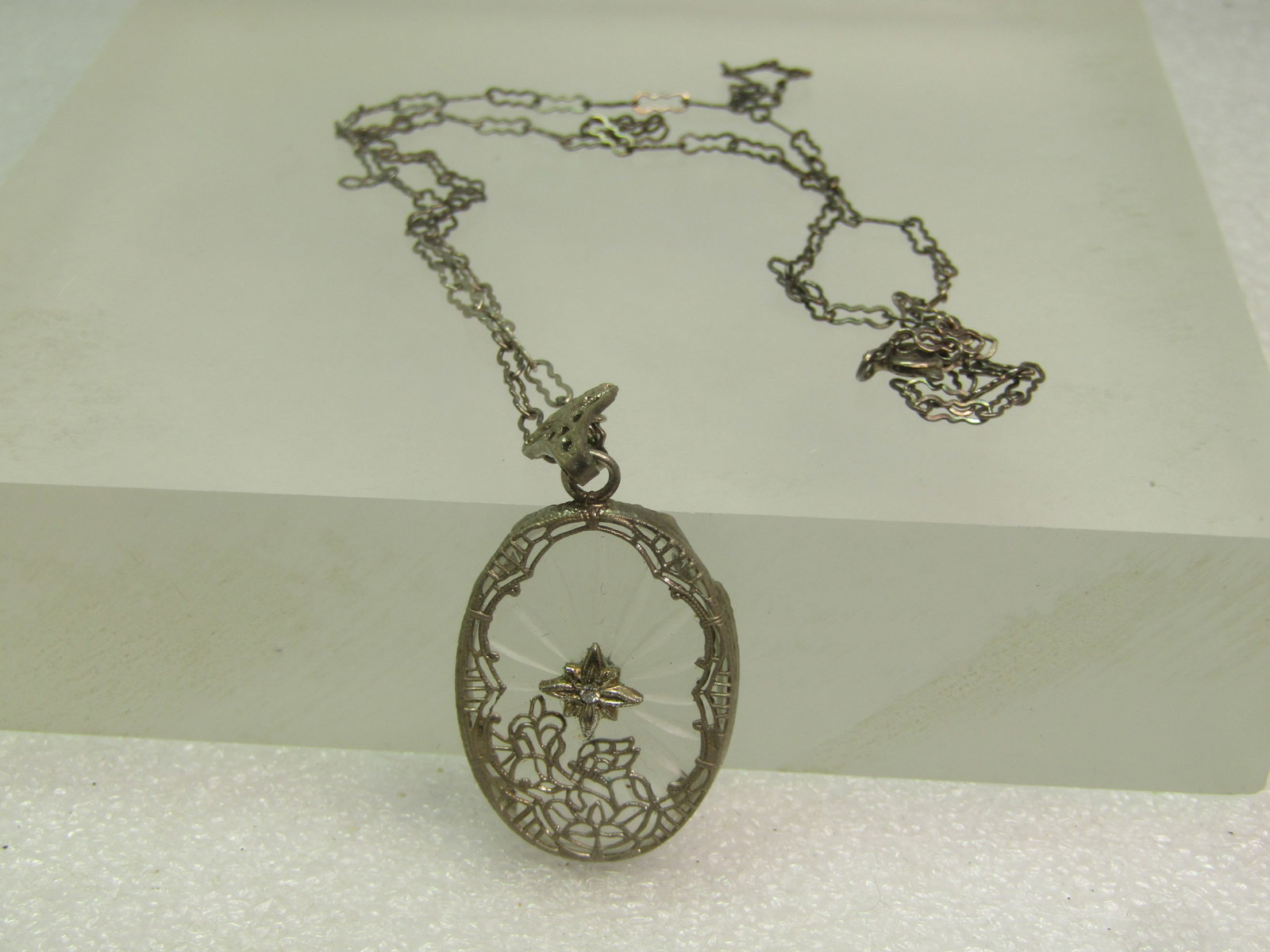 Vintage Sterling/Plated Camphor Diamond Chip Pendant Necklace, 18", 1930's-1940's - 6