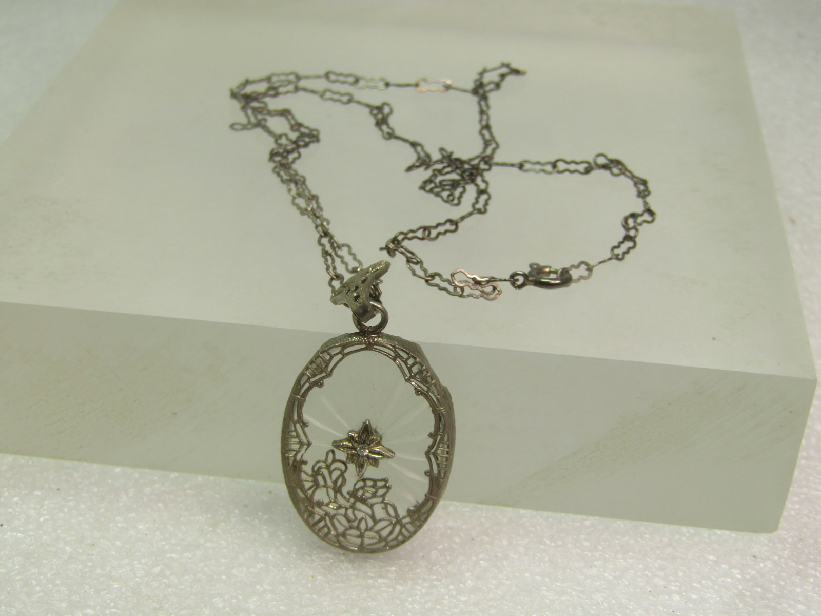 Vintage Sterling/Plated Camphor Diamond Chip Pendant Necklace, 18", 1930's-1940's - 7