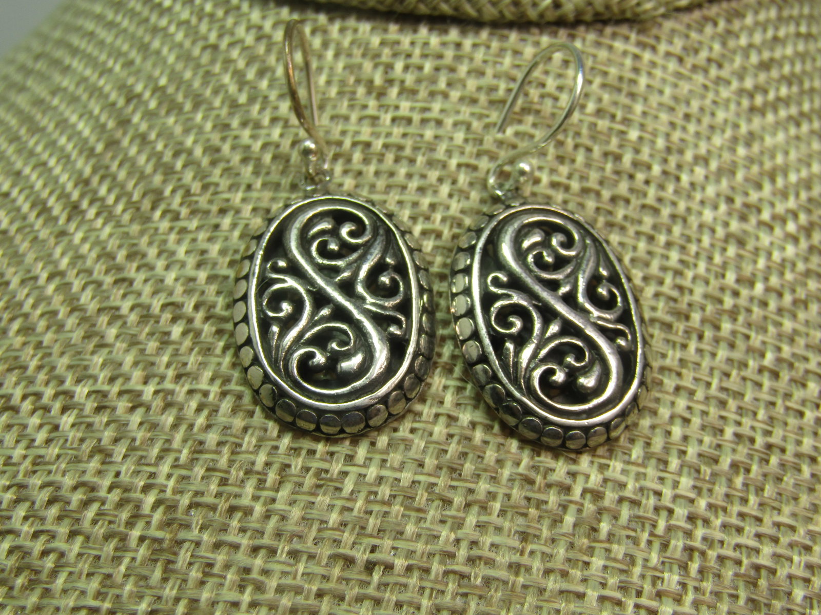 Vintage Sterlnig Scrolled Drop Earings, Pierced ,1980's-1990's: Vintage Sterlnig Scrolled Drop Earings, Pierced ,1980's-1990's. These have hook posts with a scrolled front and back with a tapered dotted frame that is slightly wider at the bottom. The earrings are 