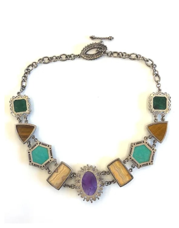 Vintage Gemstone Ornate Statement Toggle Necklace - 6