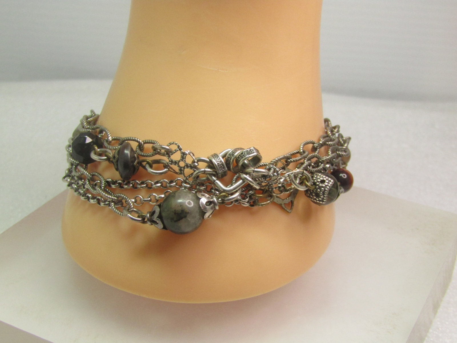 Multi-Strand Bracelet, With Beads, Signed J. Jill, 1990's: Multi-Strand Bracelet, With Beads, Signed J. Jill, 1990's. Five strands of silver tone - some with beads or other accents. Boho appeal. Two rolo strands and three rope-like oval links with round glass