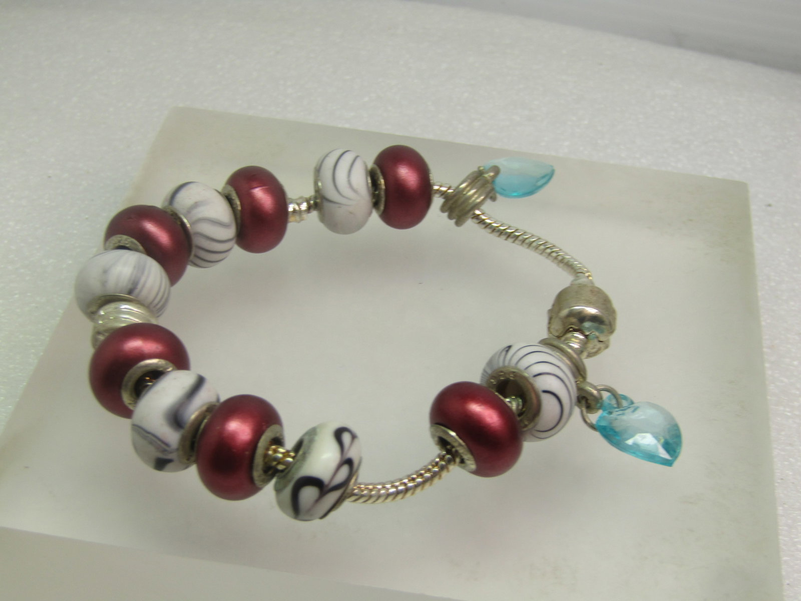 Maroon and Striped Slide Beaded Bracelet, Blue Glass Hearts, 7", 1990's (1 of 6)