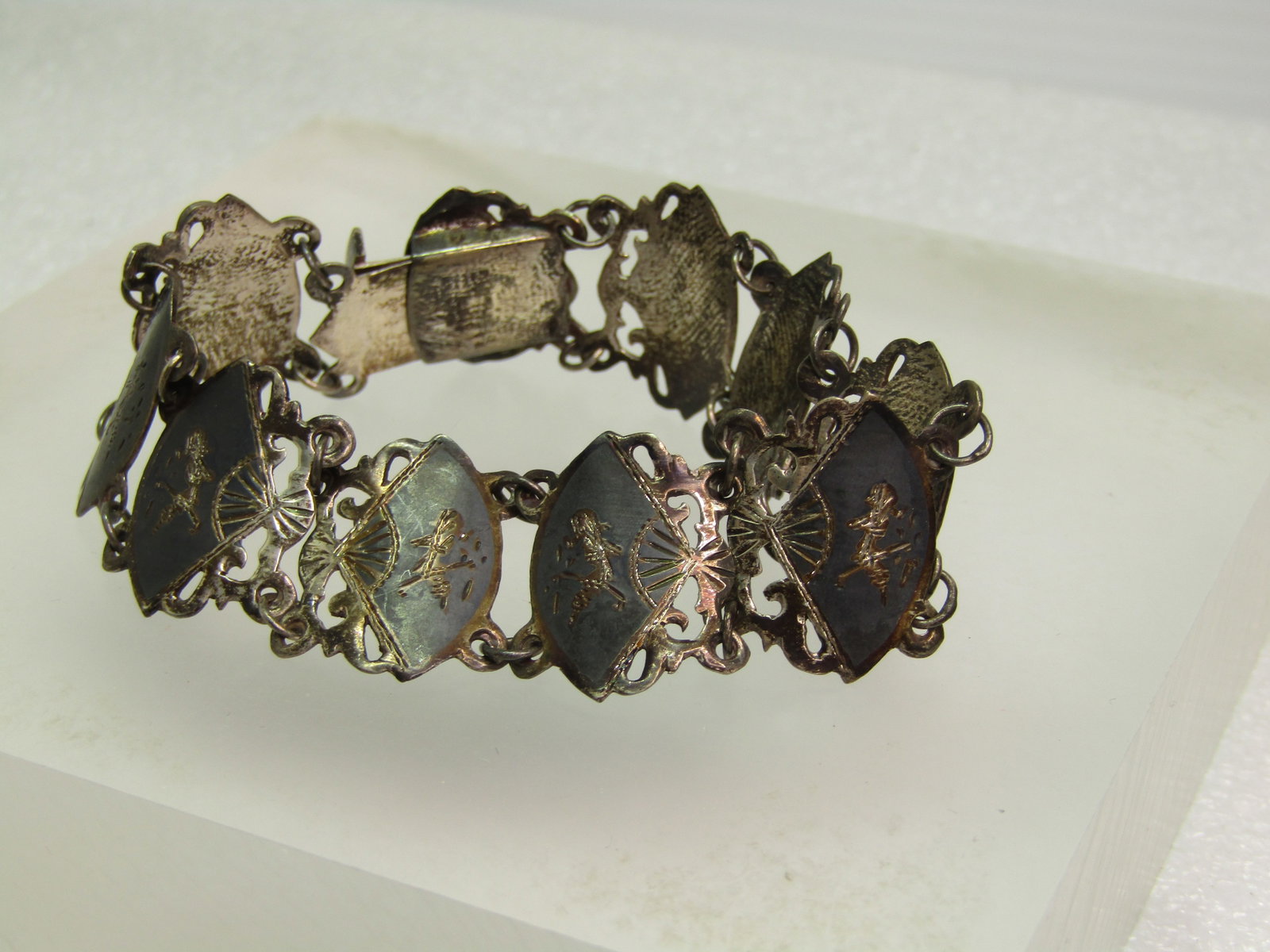 Vintage Black Niello Etched Siam Bracelet, Filigree, 7" 1940's-1950's - 2