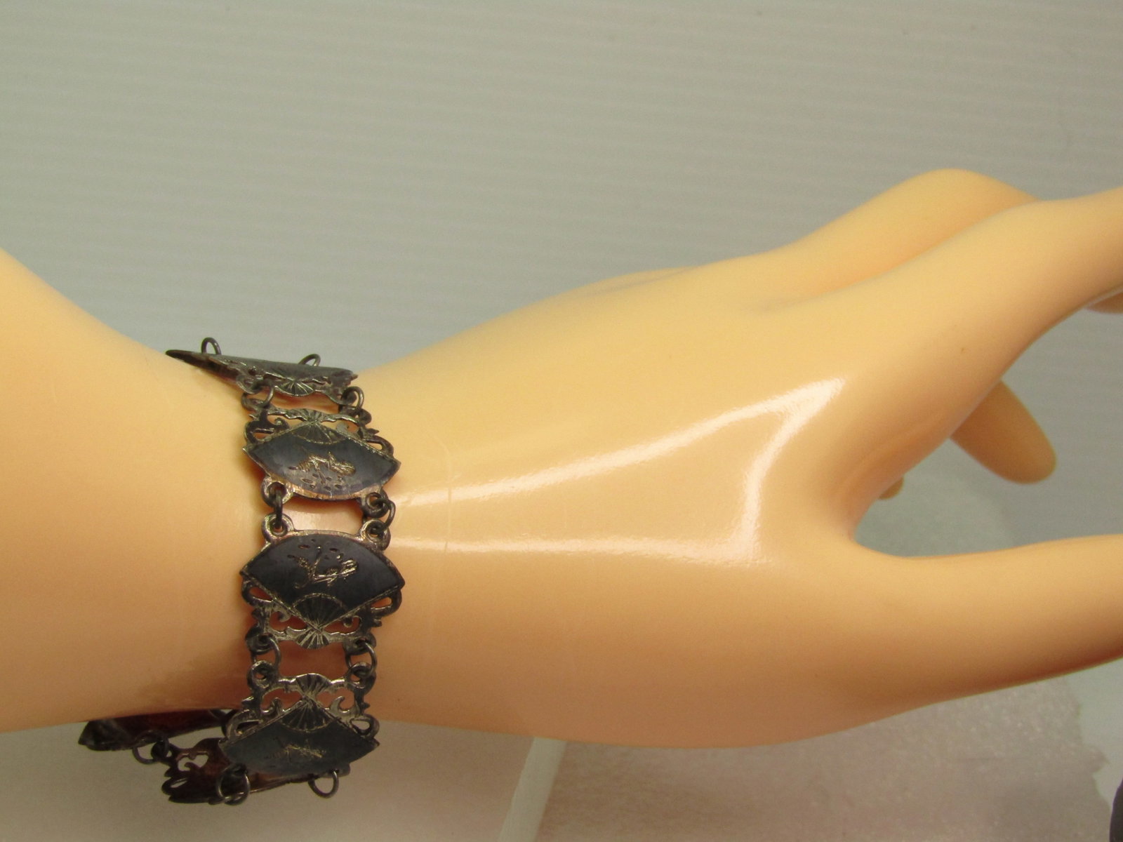 Vintage Black Niello Etched Siam Bracelet, Filigree, 7" 1940's-1950's - 6