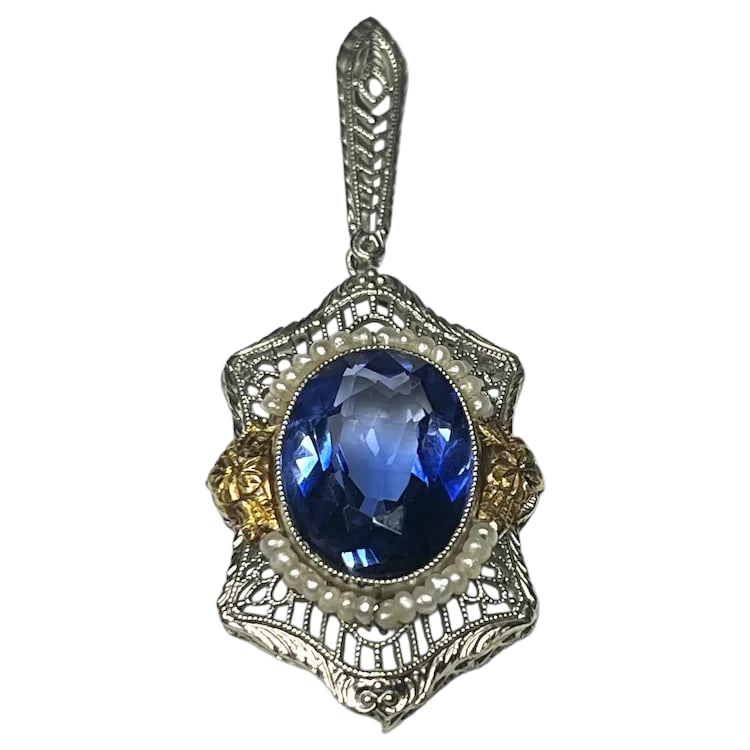 Antique 14k Gold Two Tone Blue Stone Seedpearl Pendant (1 of 7)