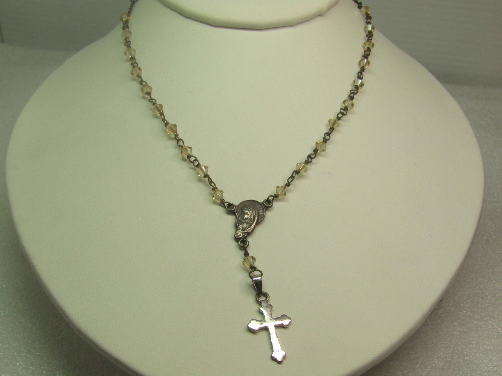 Vintage Sterling Clear Crystal Rosary Necklace, Italy, 1980's: Vintage Sterling Clear Crystal Rosary Necklace, Italy, 1980's. This has a decade of crystal beads on one side of the cross in front and another on the other side with Blessed Mother in sterling being