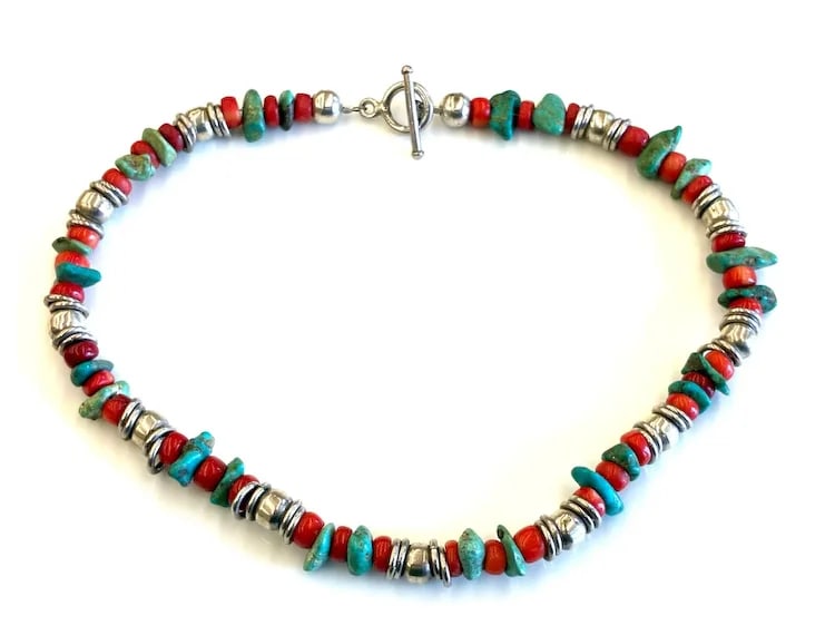 Vintage Handmade Navajo Sterling Silver Turquoise and Coral Necklace - 2