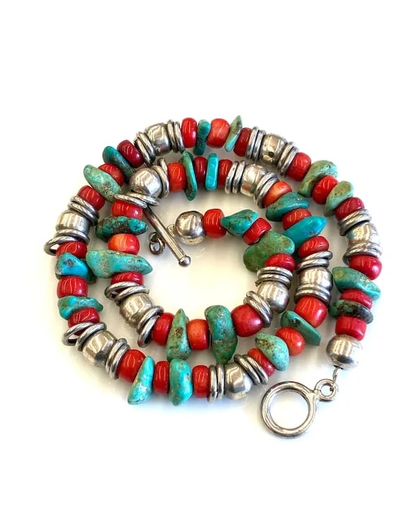 Vintage Handmade Navajo Sterling Silver Turquoise and Coral Necklace - 3