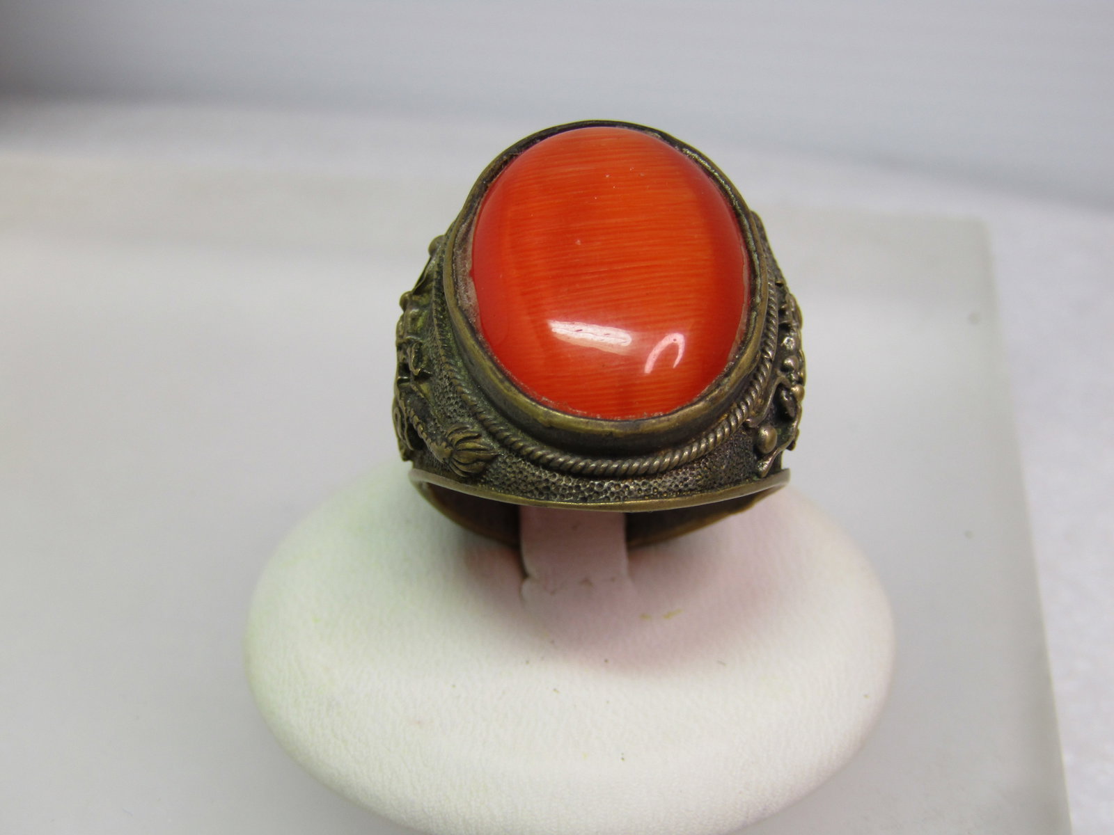 Vintage Brass Orange Cateye Dragon Ring, Sz. 10, Fantasy/Mythology, 1960's: Vintage Brass Orange Stone Dragon Ring, Sz. 10, Fantasy/Mythology, 1960's, possibly older. This has an old look to it with a dragon-like creature one ach side and a large orange cateye glass s tone th