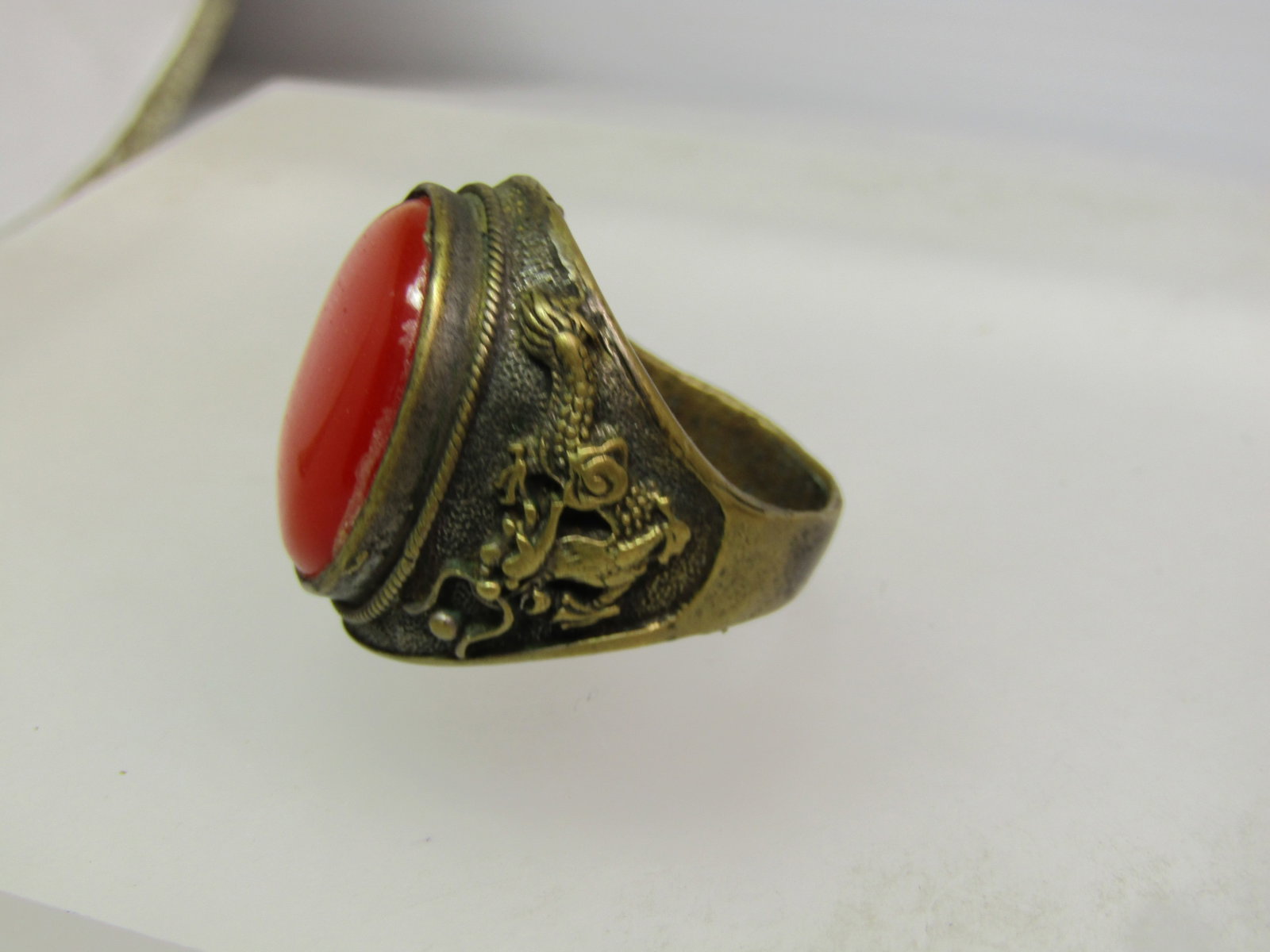 Vintage Brass Orange Cateye Dragon Ring, Sz. 10, Fantasy/Mythology, 1960's - 4