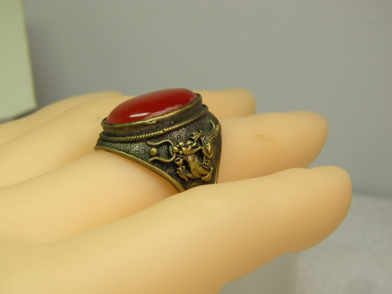 Vintage Brass Orange Cateye Dragon Ring, Sz. 10, Fantasy/Mythology, 1960's - 8