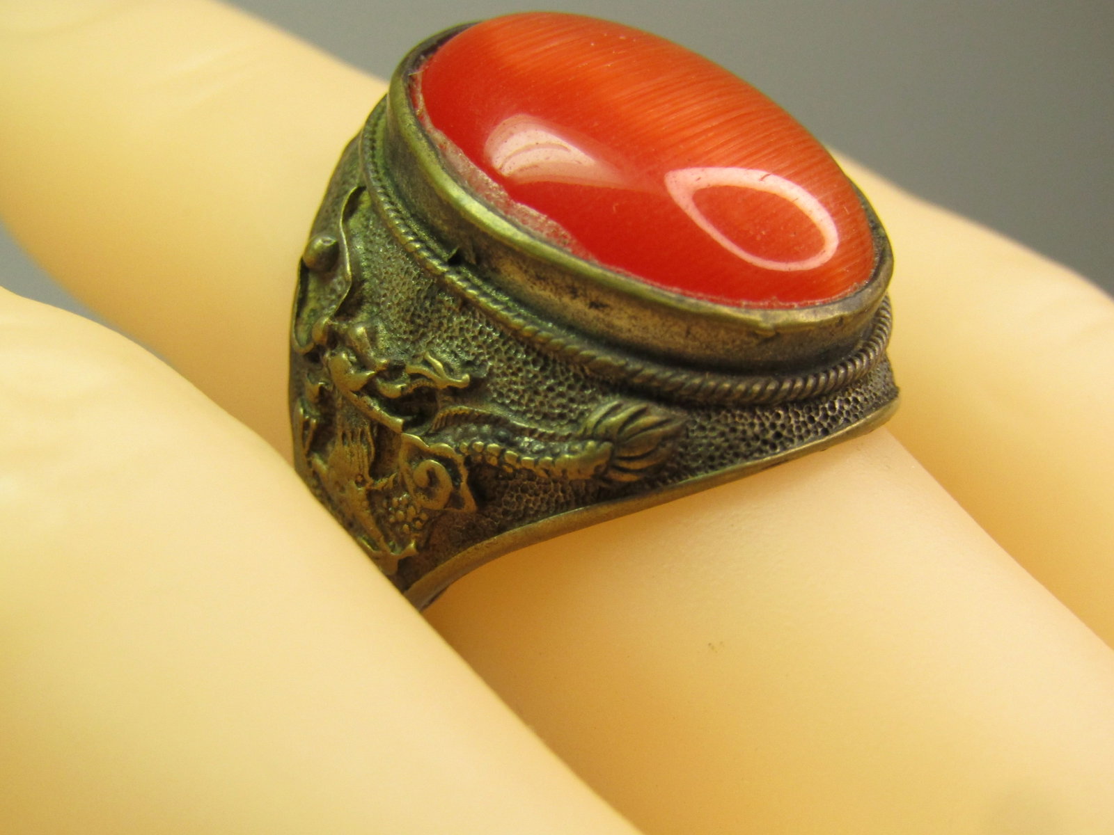 Vintage Brass Orange Cateye Dragon Ring, Sz. 10, Fantasy/Mythology, 1960's - 9