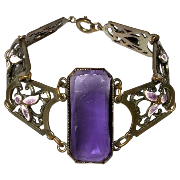 Vintage Filigree Bracelet with Amethyst Color Glass and Floral Enamel Accents (1 of 6)