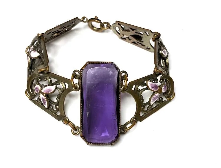 Vintage Filigree Bracelet with Amethyst Color Glass and Floral Enamel Accents - 2