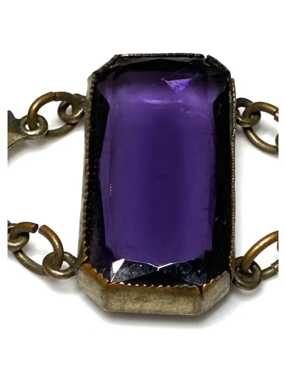 Vintage Filigree Bracelet with Amethyst Color Glass and Floral Enamel Accents - 3