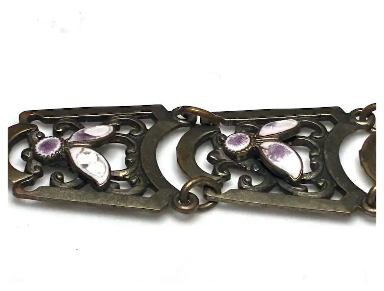 Vintage Filigree Bracelet with Amethyst Color Glass and Floral Enamel Accents - 4