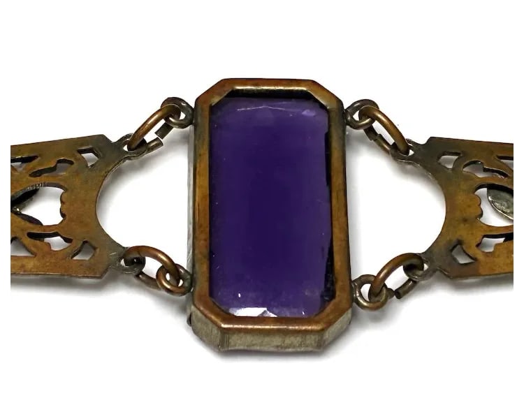 Vintage Filigree Bracelet with Amethyst Color Glass and Floral Enamel Accents - 5