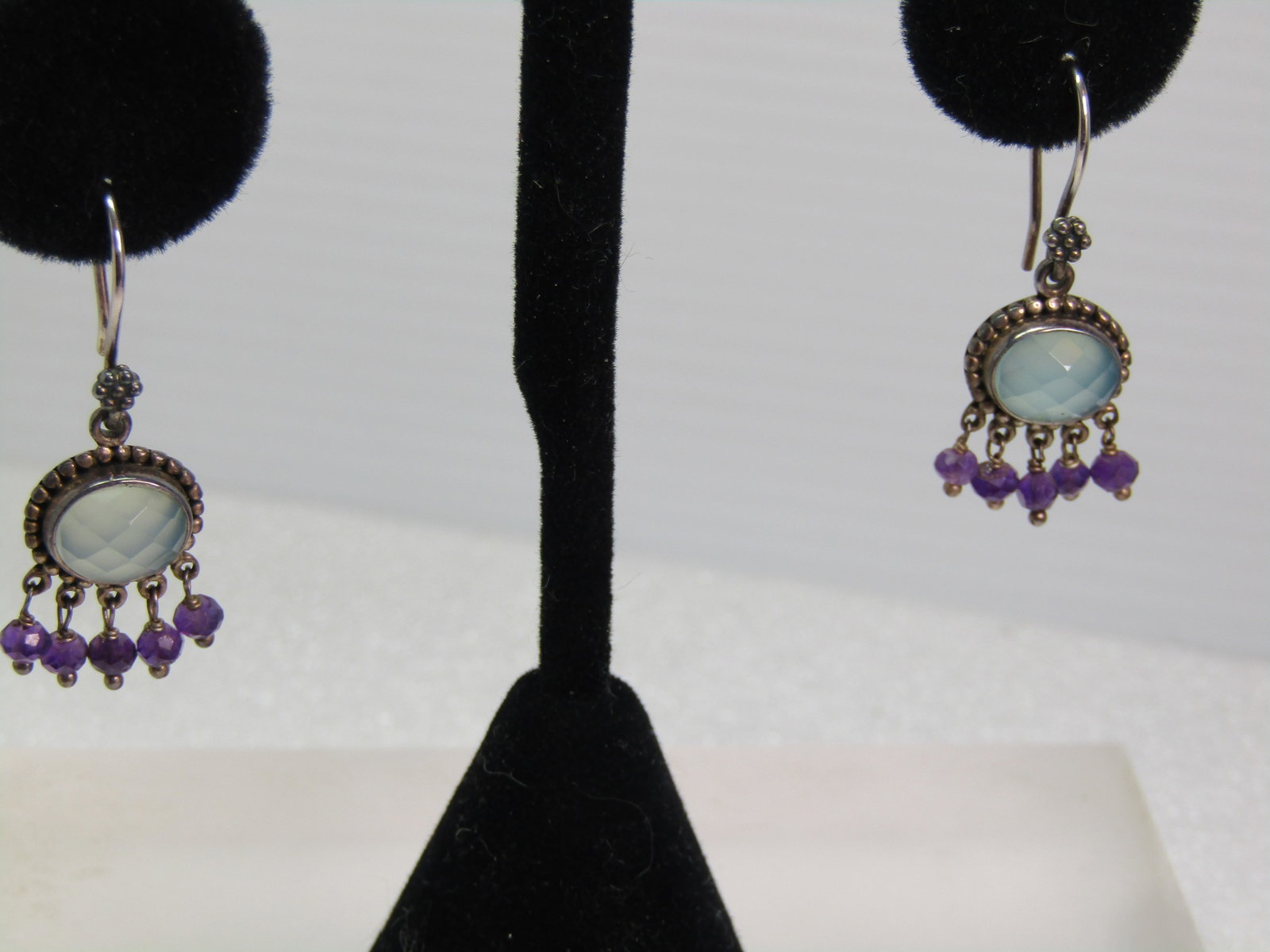 Vintage Sterling Drop Pierced Earrings, Honeycomb Faceted/Amethyst Beads, 1980'S-1990'S, Signed: Vintage Sterling Drop Pierced Earrings, Honeycomb Faceted/Amethyst Beads, 1980'S-1990'S, Signed dp India. These have a raised bezel-set cloudy green/aqua stone with a honeycomb \cut that is appx. 10mm