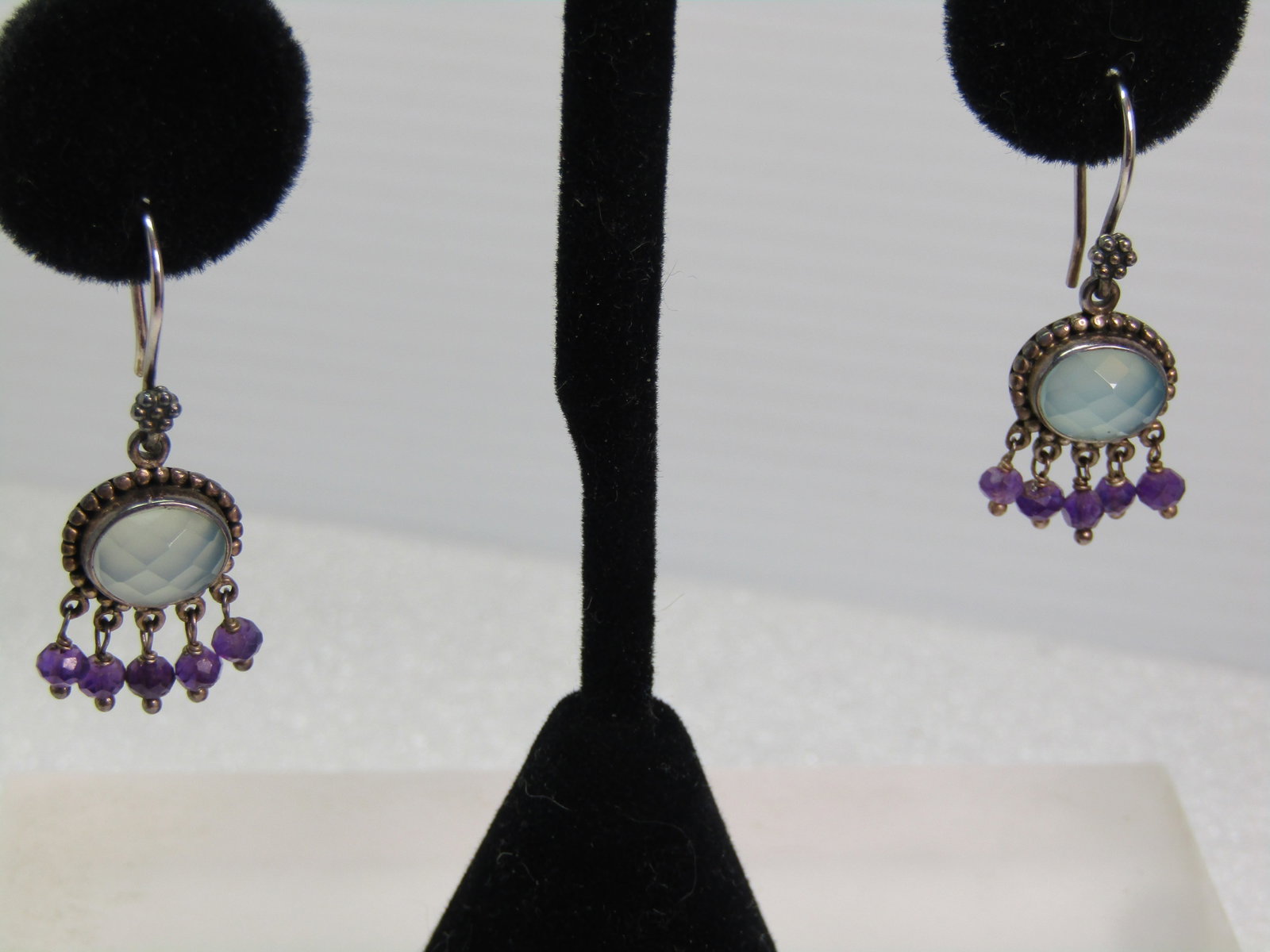 Vintage Sterling Drop Pierced Earrings, Honeycomb Faceted/Amethyst Beads, 1980'S-1990'S, Signed - 2
