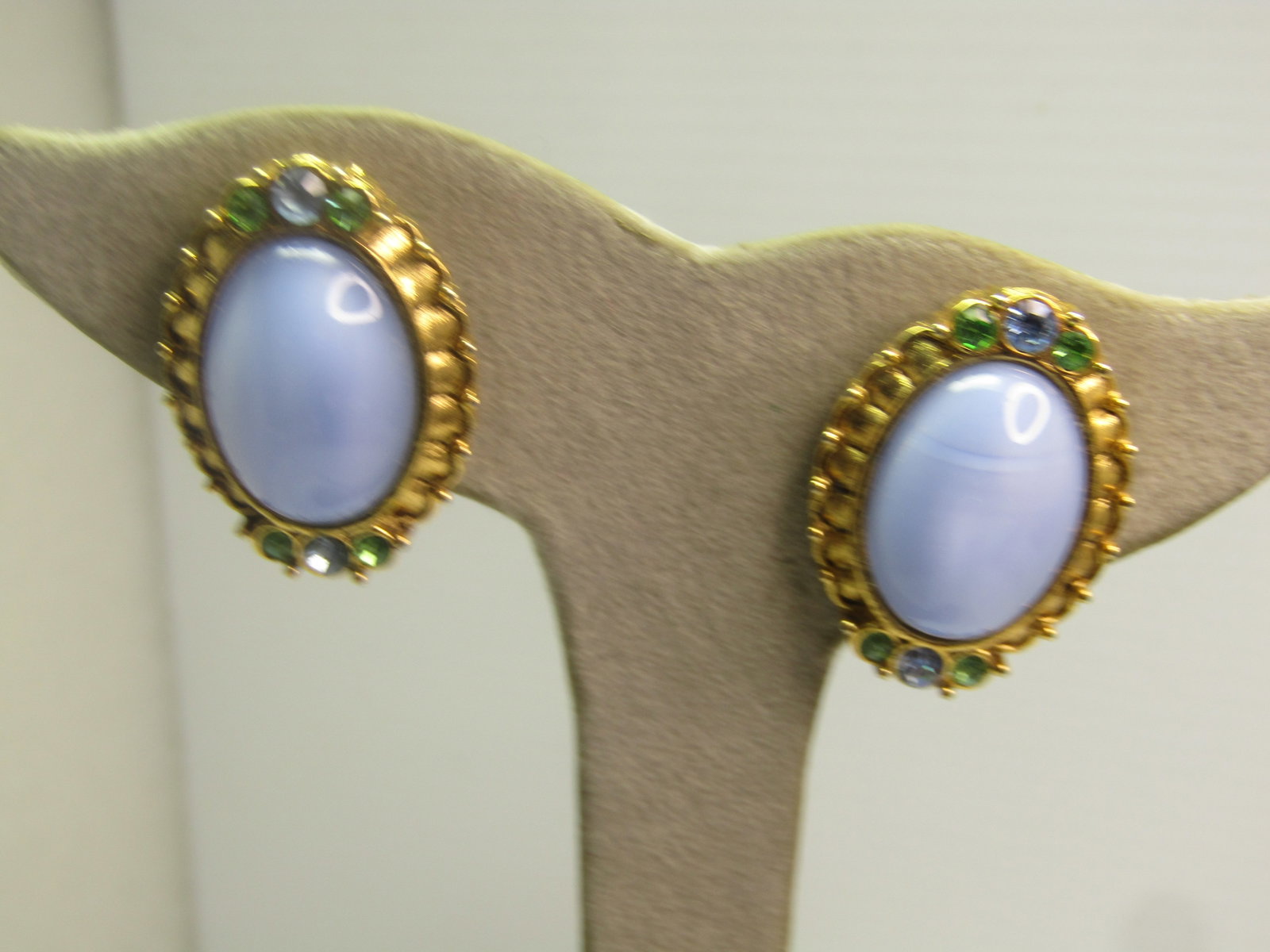Vintage Glass Moonstone and Rhinestone Earrings, by 1928, 1980's - 2