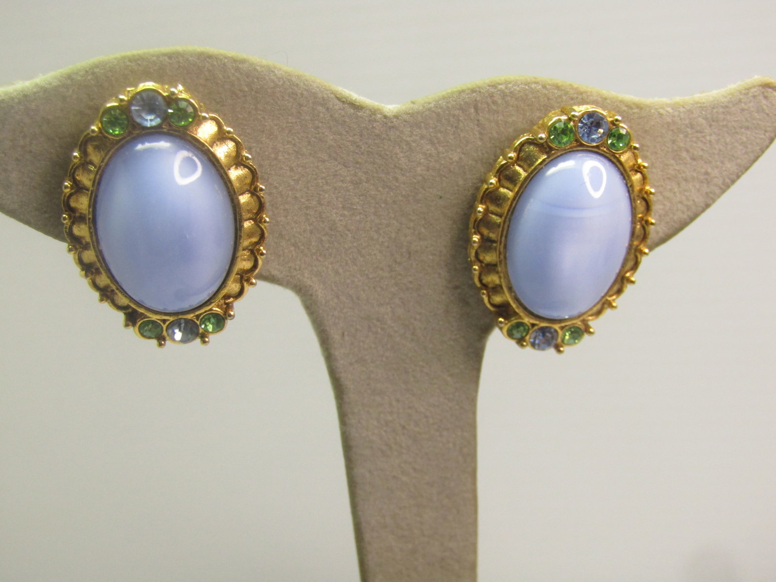 Vintage Glass Moonstone and Rhinestone Earrings, by 1928, 1980's - 3