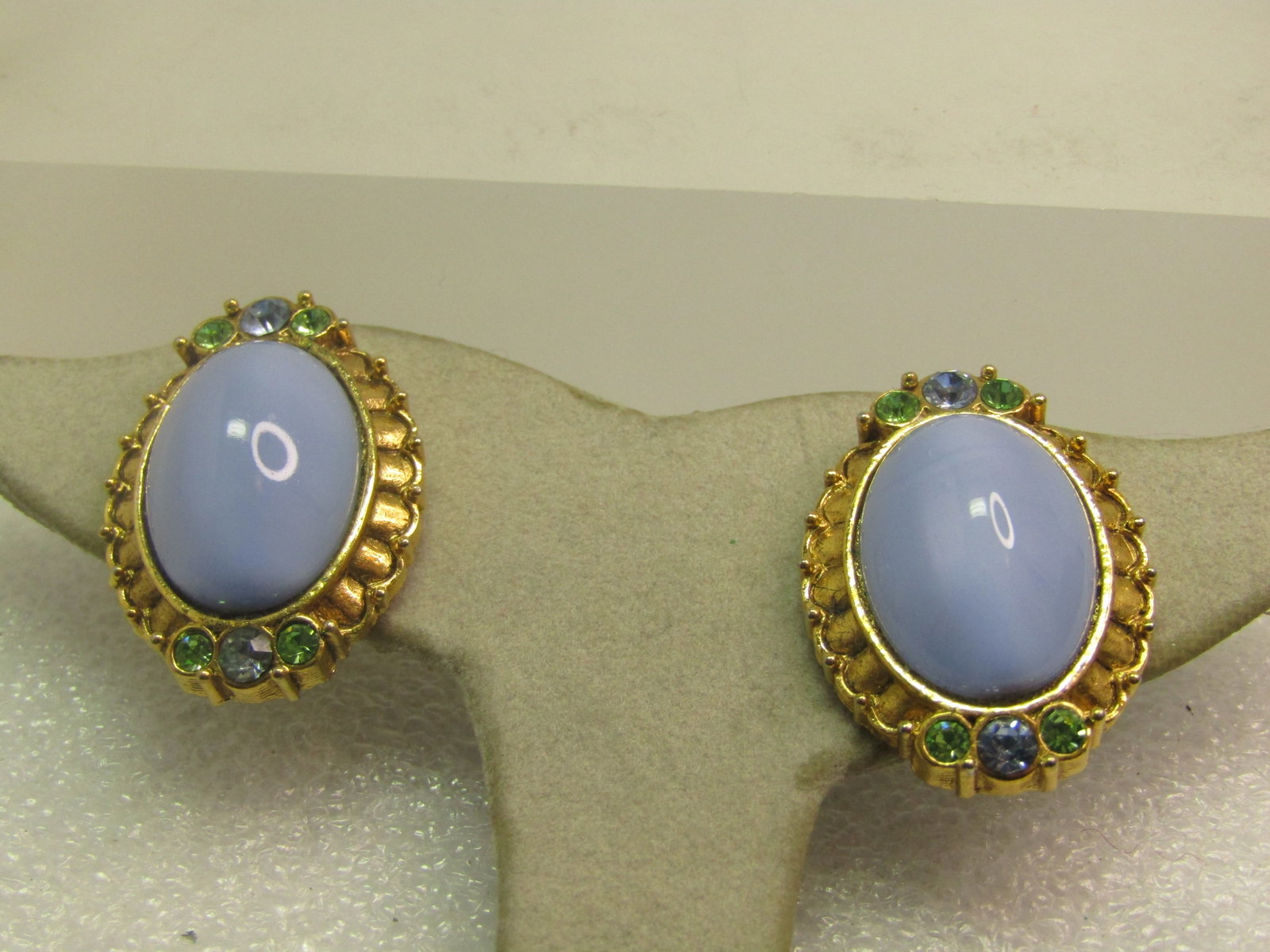 Vintage Glass Moonstone and Rhinestone Earrings, by 1928, 1980's - 4