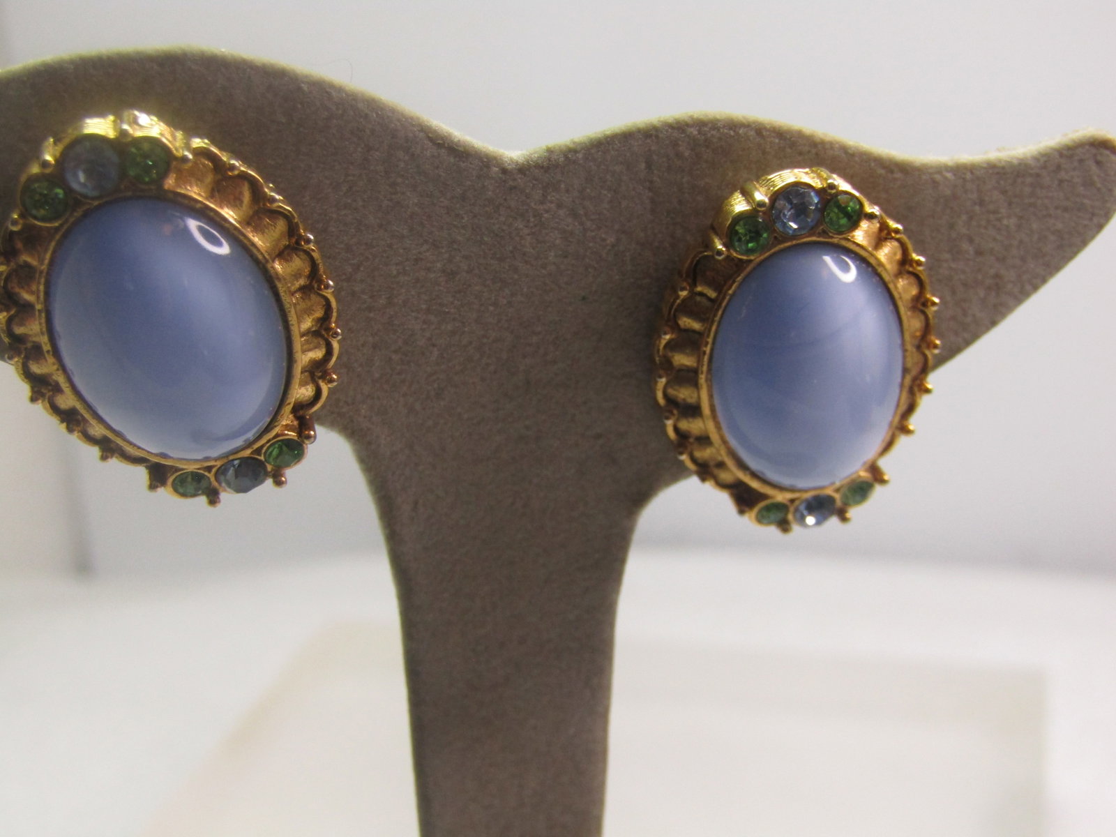 Vintage Glass Moonstone and Rhinestone Earrings, by 1928, 1980's - 5